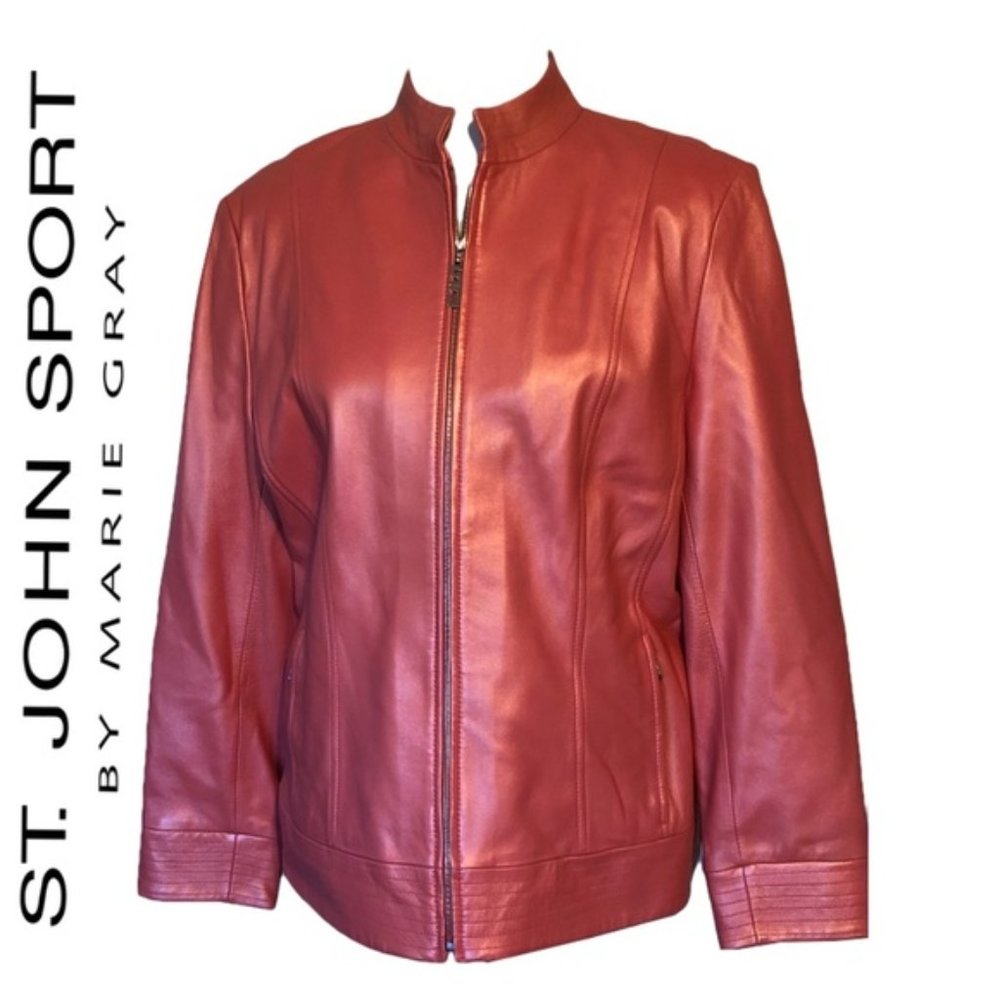 St. John Sport Coral Leather Moto Biker Jacket L